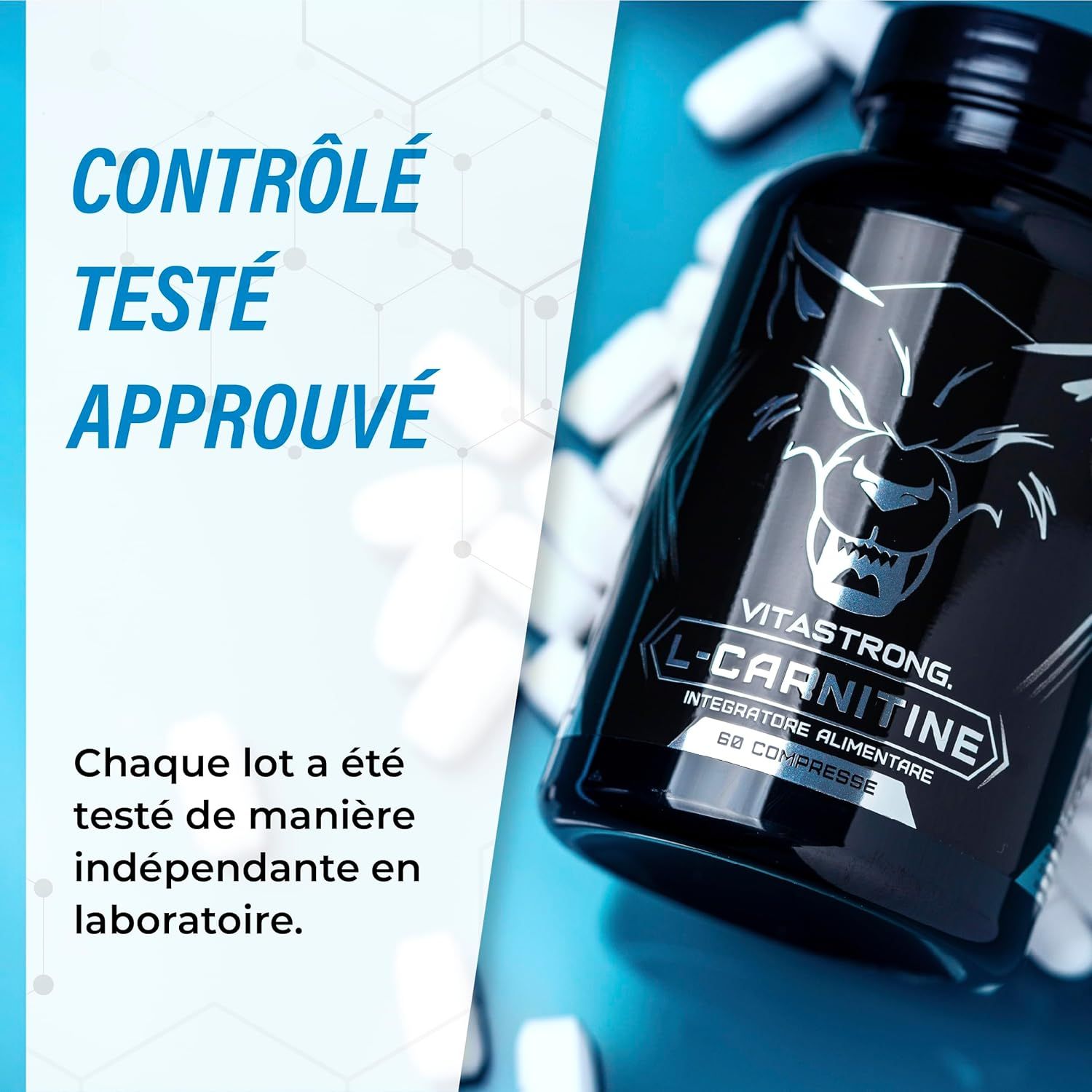 Vitastrong L-Carnitine, 60 tabletten. Fles met wolfslogo. Tekst: Getest, gecontroleerd, geprefereerd. Blauwe elementen.