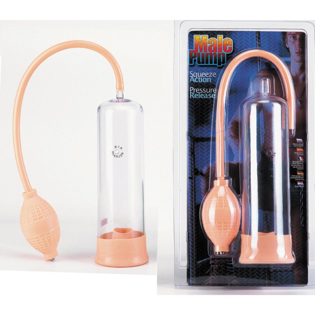 Een penis pomp set in blisterverpakking. Bevat transparante cilinder, roze handpomp en slang.