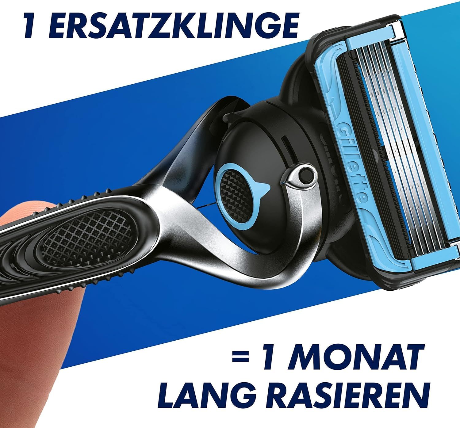 Rasoir avec lame de rechange. Accents bleus. Texte: 1 lame de rechange = 1 mois de rasage.
