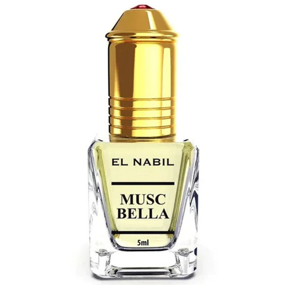 Flacon de parfum avec bouchon doré et pierre rouge. Inscription: EL NABIL, MUSC BELLA, 5ml.