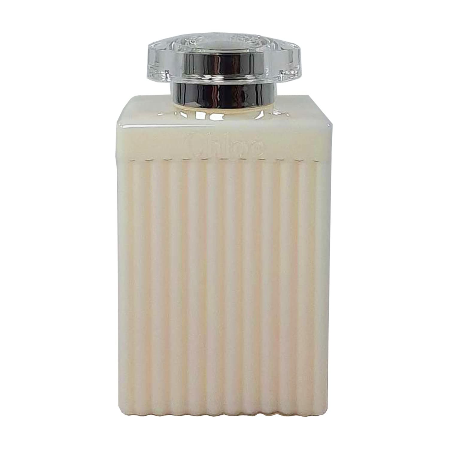 Flacon de lotion beige avec surface cannelée, bouchon transparent. Aucun autre détail visible.