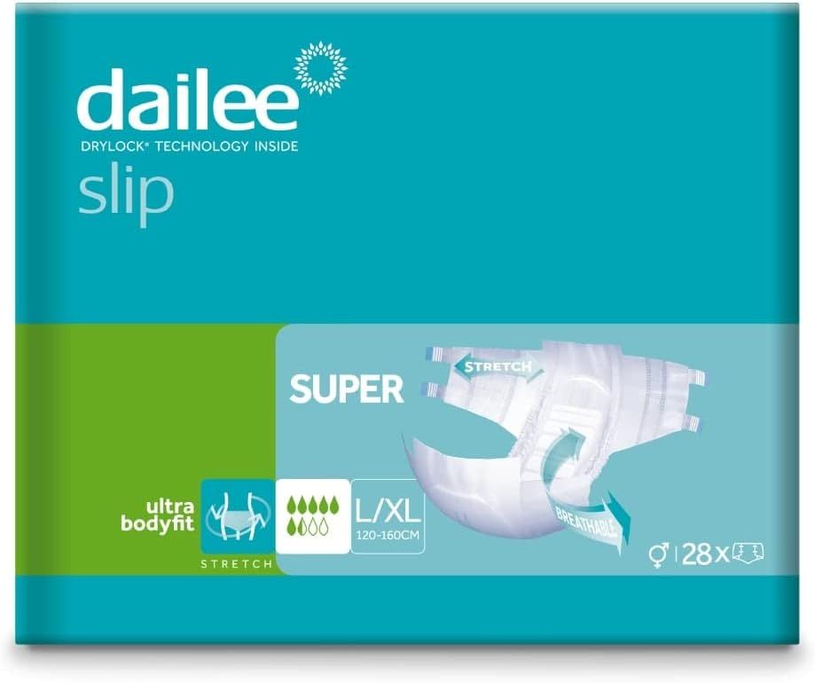 Paquet de Dailee Slip Super. Turquoise, vert et blanc. Image du produit avec nom, taille L/XL et quantité 28 pièces.