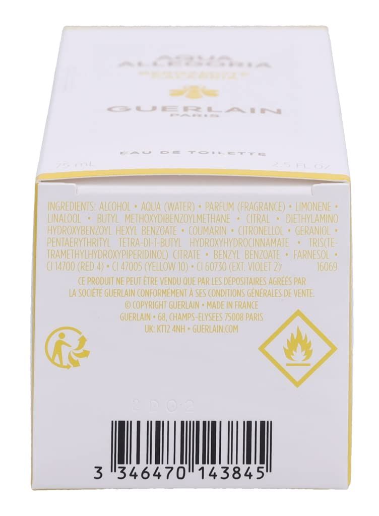 Emballage avec ingrédients et avertissements. Inscription : Aqua Allegoria Eau de Toilette. Marque : Guerlain.