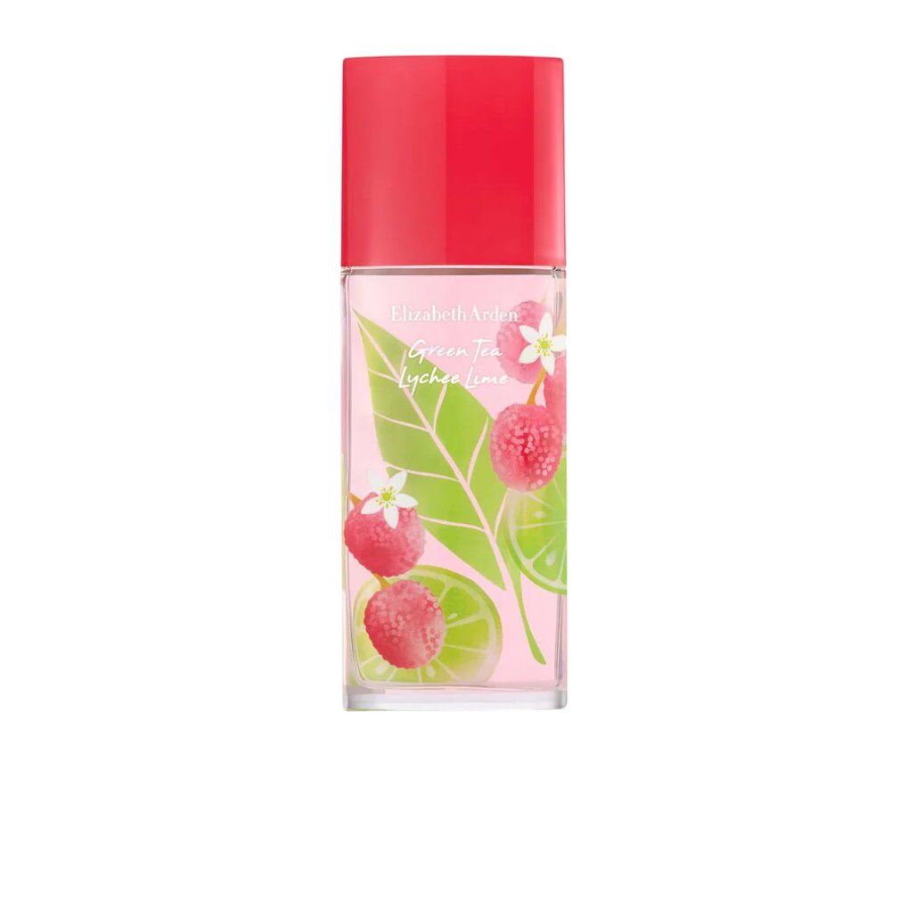 Flacon en verre avec bouchon rouge. Impression de fruits et de feuilles. Inscription : Green Tea Lychee Lime.