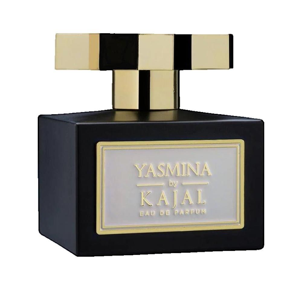Flacon noir avec bouchon doré. Inscription: Yasmina by Kajal Eau de Parfum.
