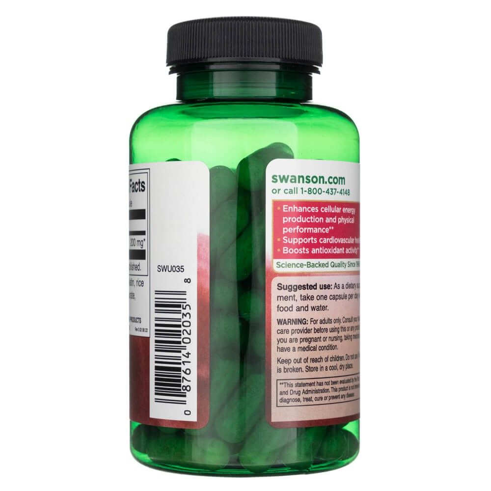 Groene fles met etiket waarop CoQ10, Swanson.com en voordelen zoals energie en hartgezondheid staan.