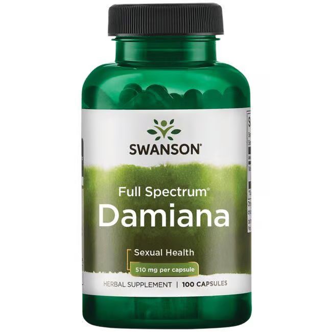 Flacon vert de capsules. Inscriptions: SWANSON, Damiana, 510 mg par capsule, Herbal Supplement, 100 capsules. Bouchon noir.