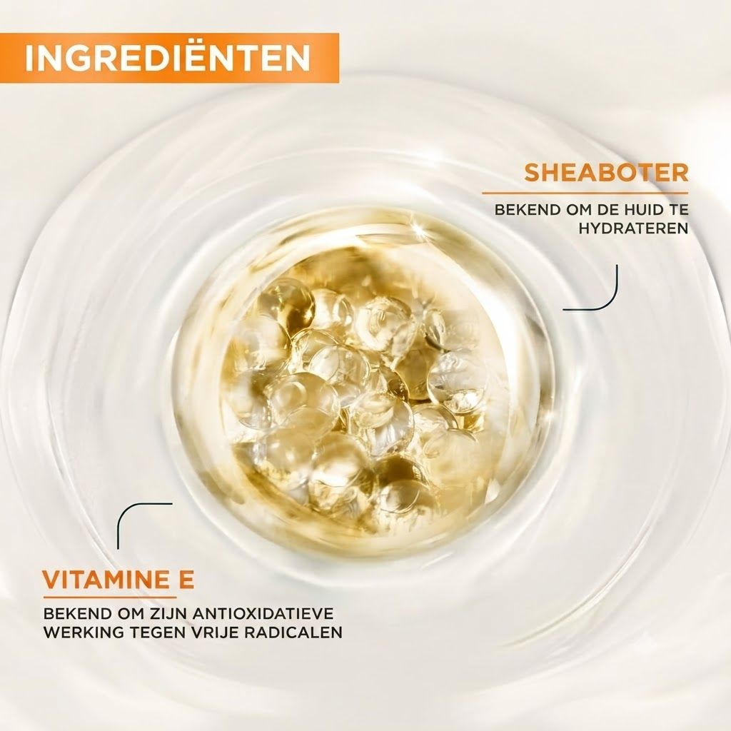 Close-up van capsules met sheaboter en vitamine E in een romige vloeistof.