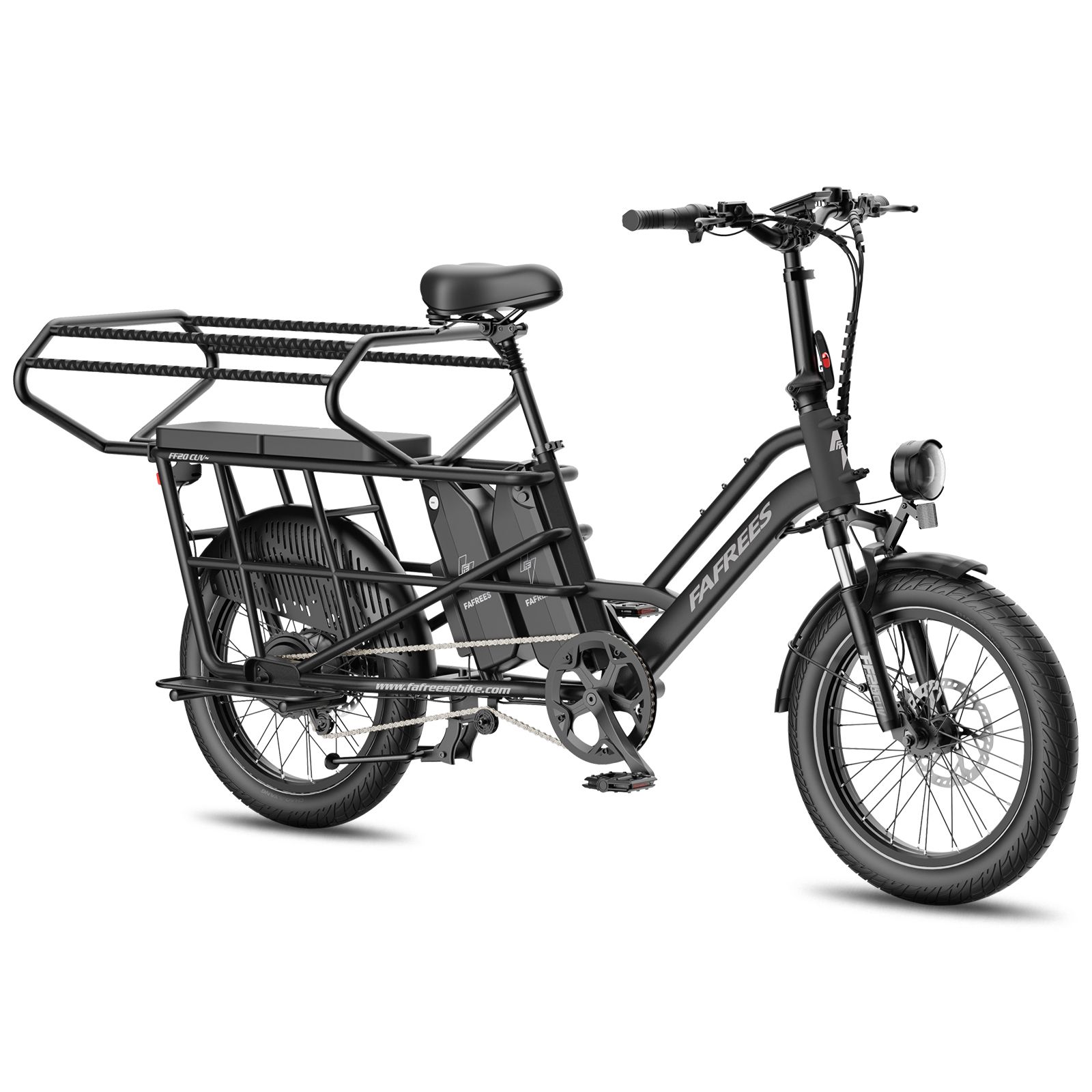 Vélo électrique Fafrees FF20 CUV noir, deux batteries, grand porte-bagages et protection de chaîne.