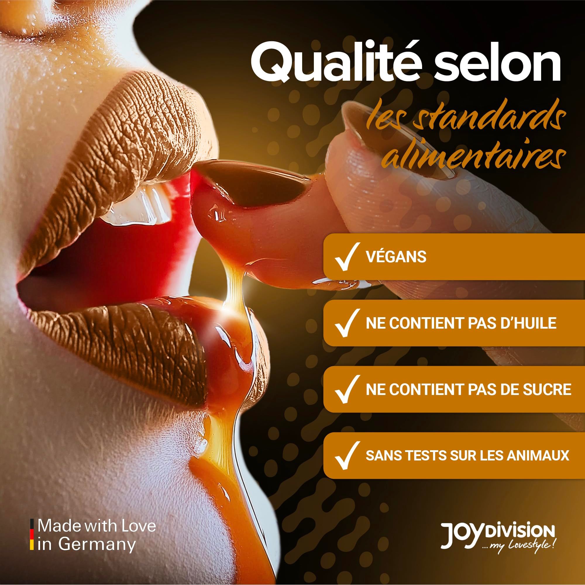 Bouteille d'huile de massage au caramel, avec image de morceaux de caramel et texte.