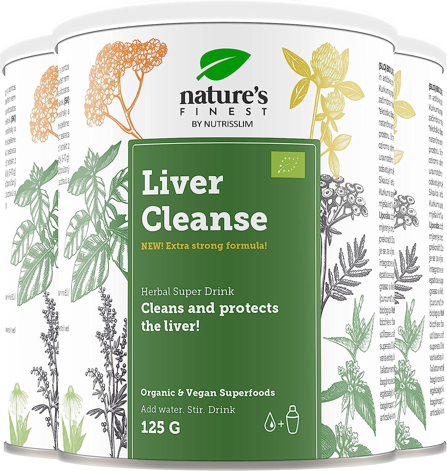 Blik Nature's Finest BIO LIVER CLEANSE. Groen, met kruiden en productinfo. 125g, bio-keurmerk.