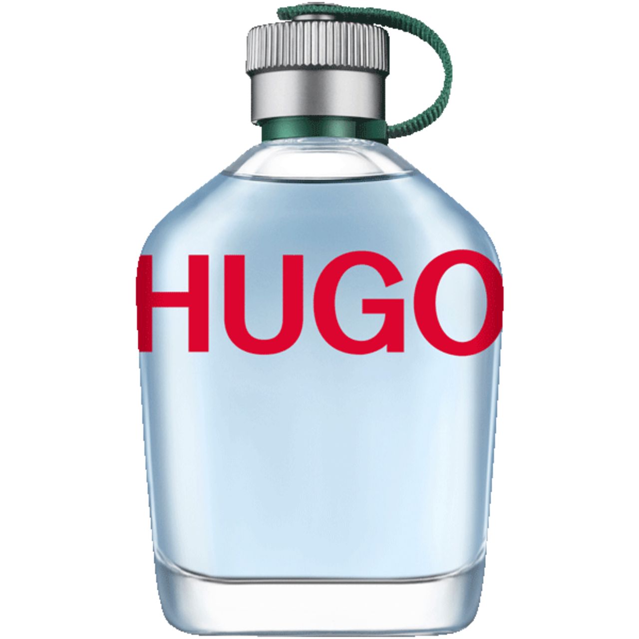 Flacon Hugo Boss bleu clair avec lettrage rouge HUGO. Bouchon argenté, boucle verte.
