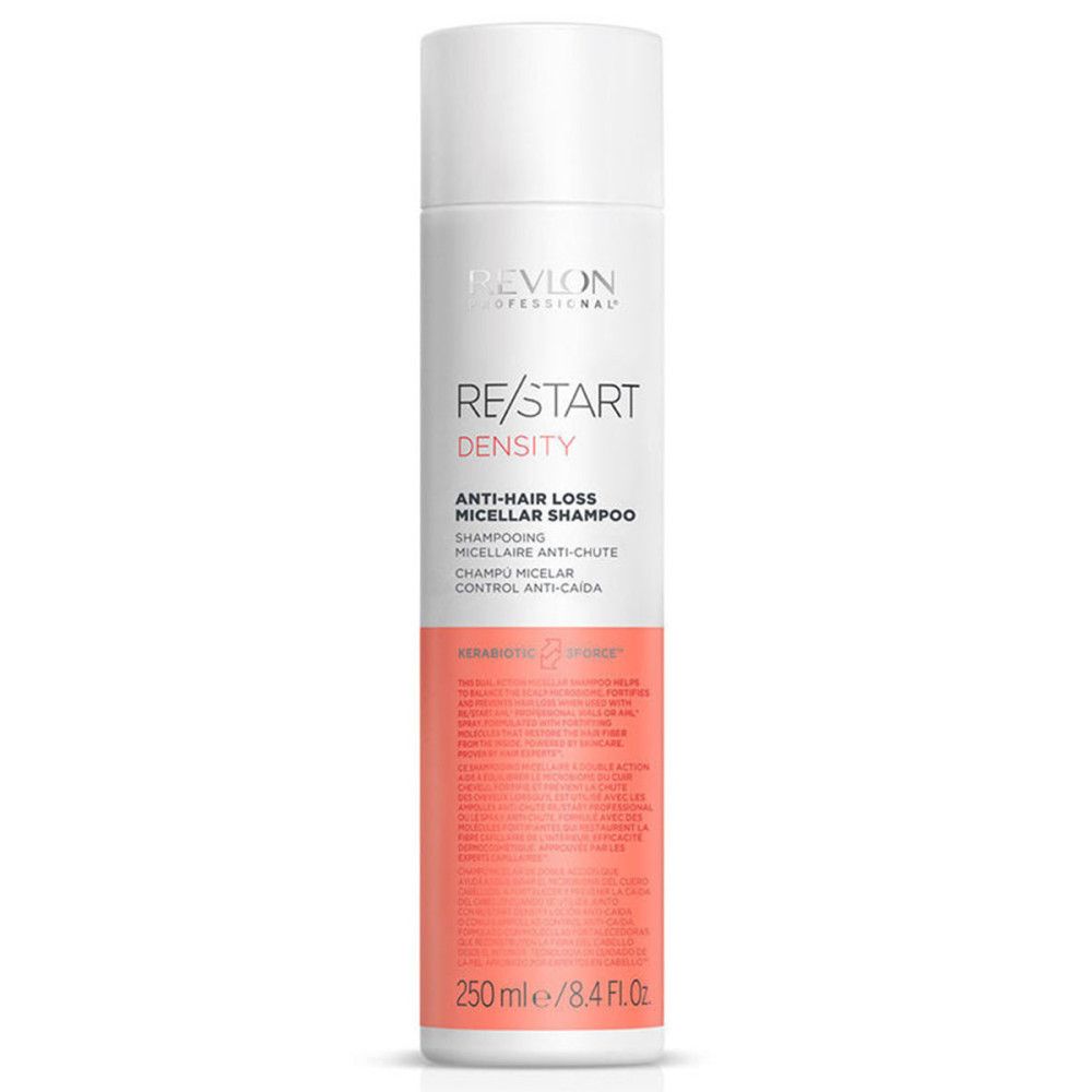 Flacon de shampooing blanc et rose. Texte: RE/START Density, Shampooing Micellaire Anti-Chute. 250ml.