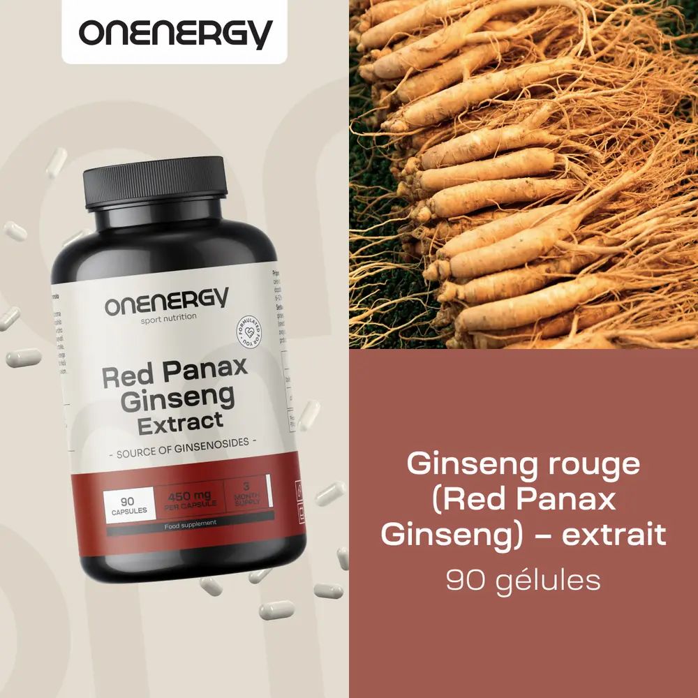 Flacon OnEnergy Ginseng rouge extrait et racines de ginseng fraîches.