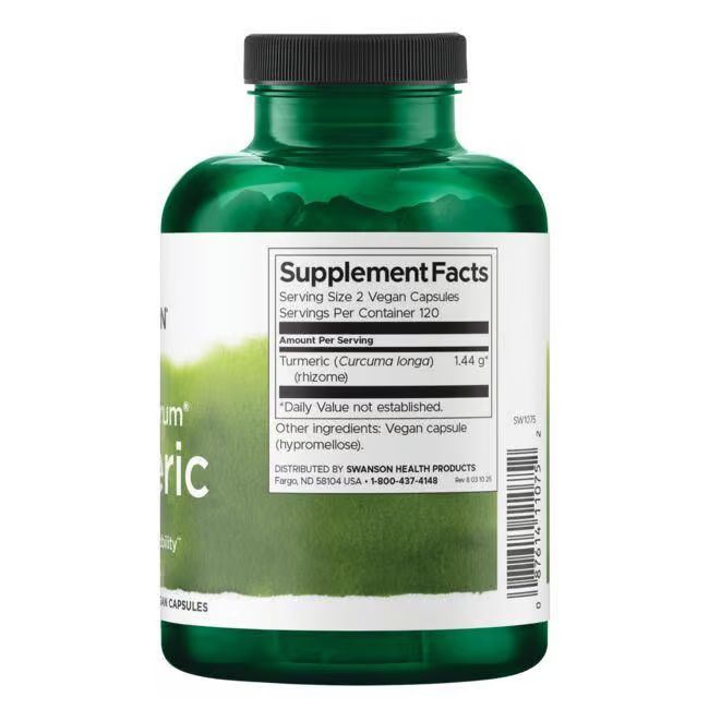 Dos d'un flacon vert. Inscription: Supplement Facts. 2 gélules végétales. 120 portions. Turmeric (Curcuma longa).