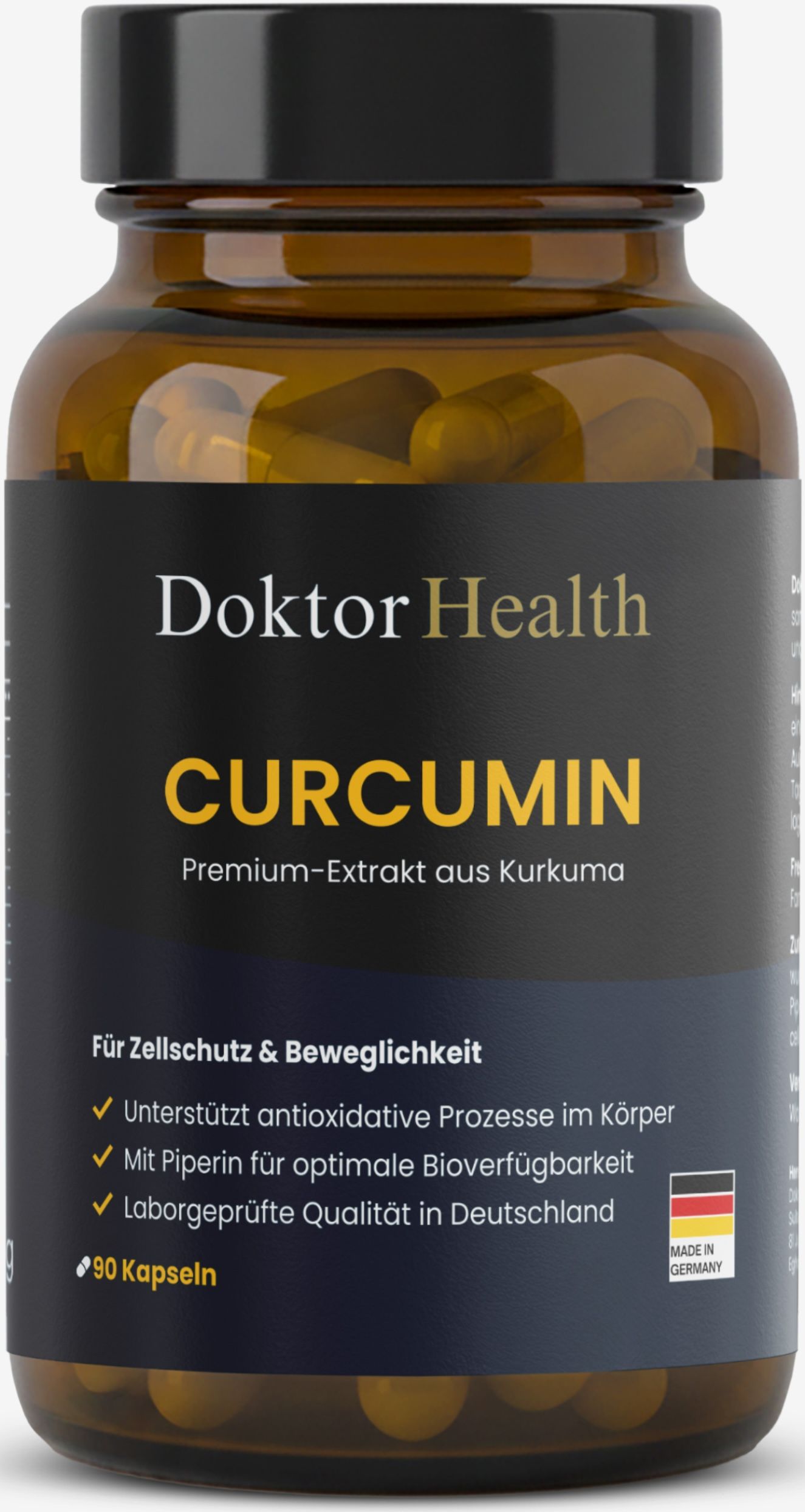 Flacon en verre brun avec couvercle noir. Étiquette noire avec Doktor Health Curcumin. 90 gélules. Texte : Pour la protection cellulaire et la mobilité.