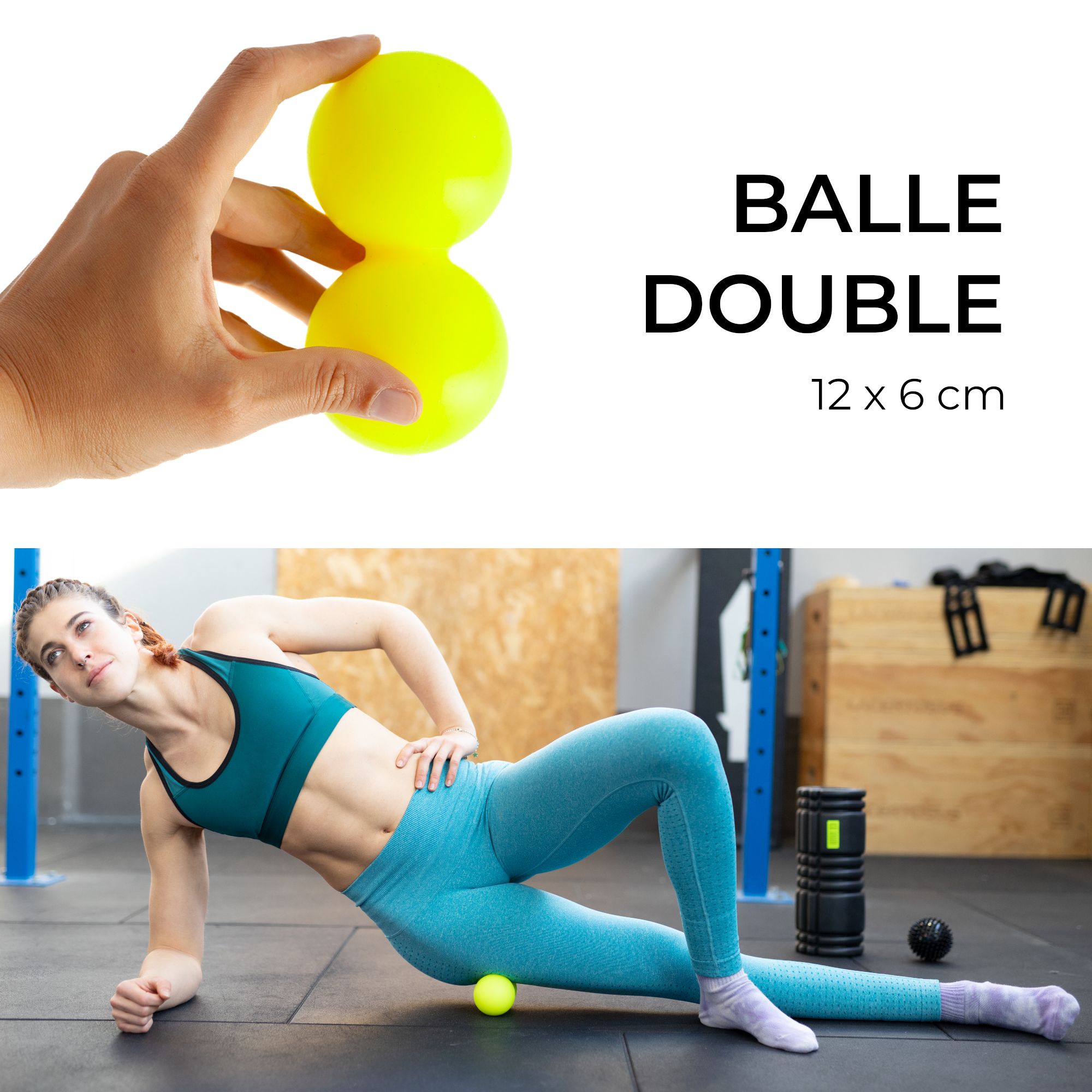 Duoball 12x6cm en main, femme s'étire avec duoball.