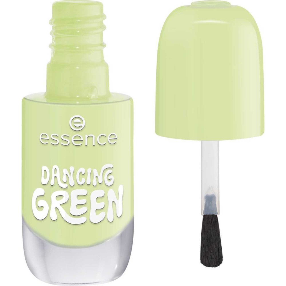 Open nagellakflesje. Lichtgroene kleur. Opschrift: Essence, Dancing Green.