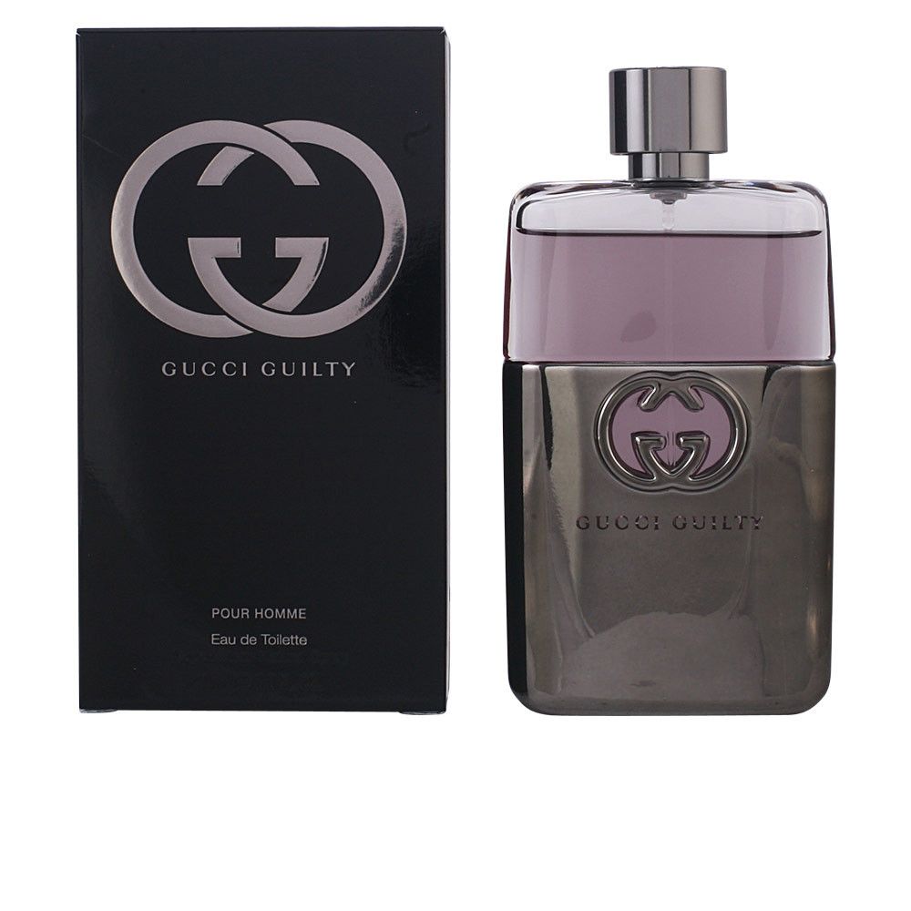 Flacon de parfum Gucci Guilty Pour Homme et son emballage. Emballage noir avec logo. Flacon argenté avec logo.