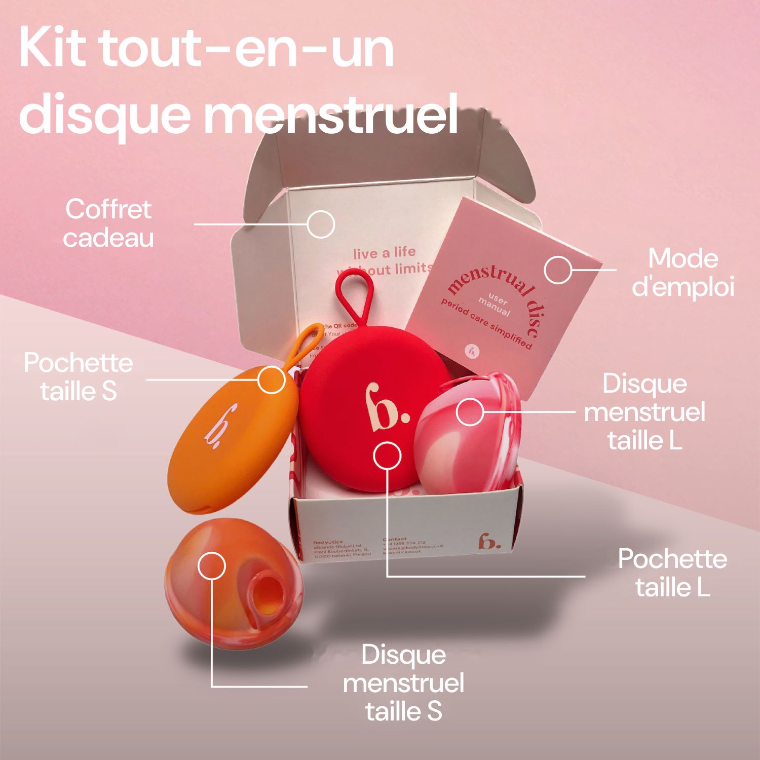 Un ensemble de disques menstruels de différentes tailles et couleurs dans une boîte cadeau.