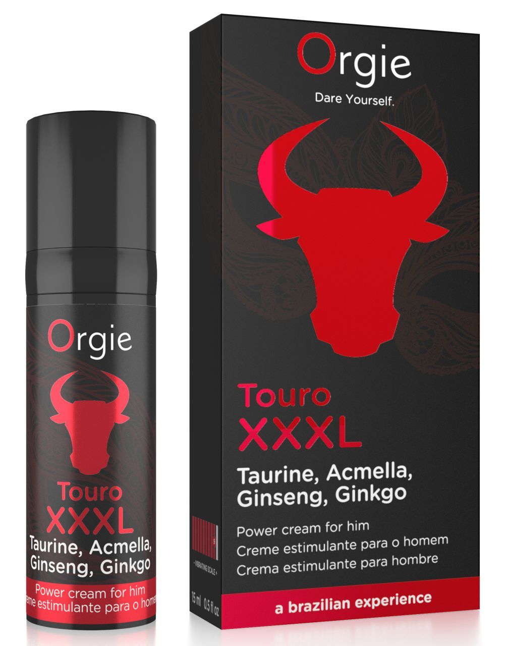 Flacon et emballage de crème Orgie Touro XXL avec taureau rouge.