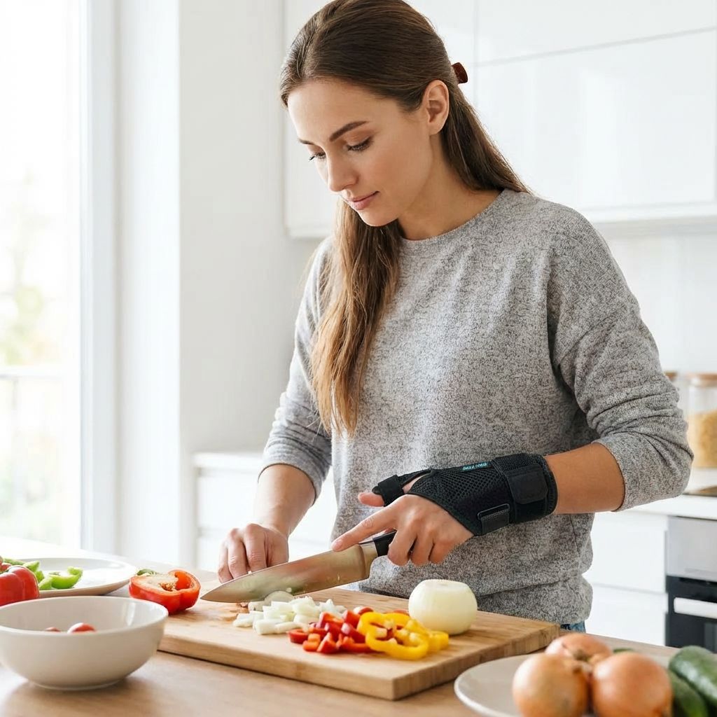 Femme coupant des légumes avec une attelle de pouce. Attelle noire au poignet gauche. Cuisine en arrière-plan.
