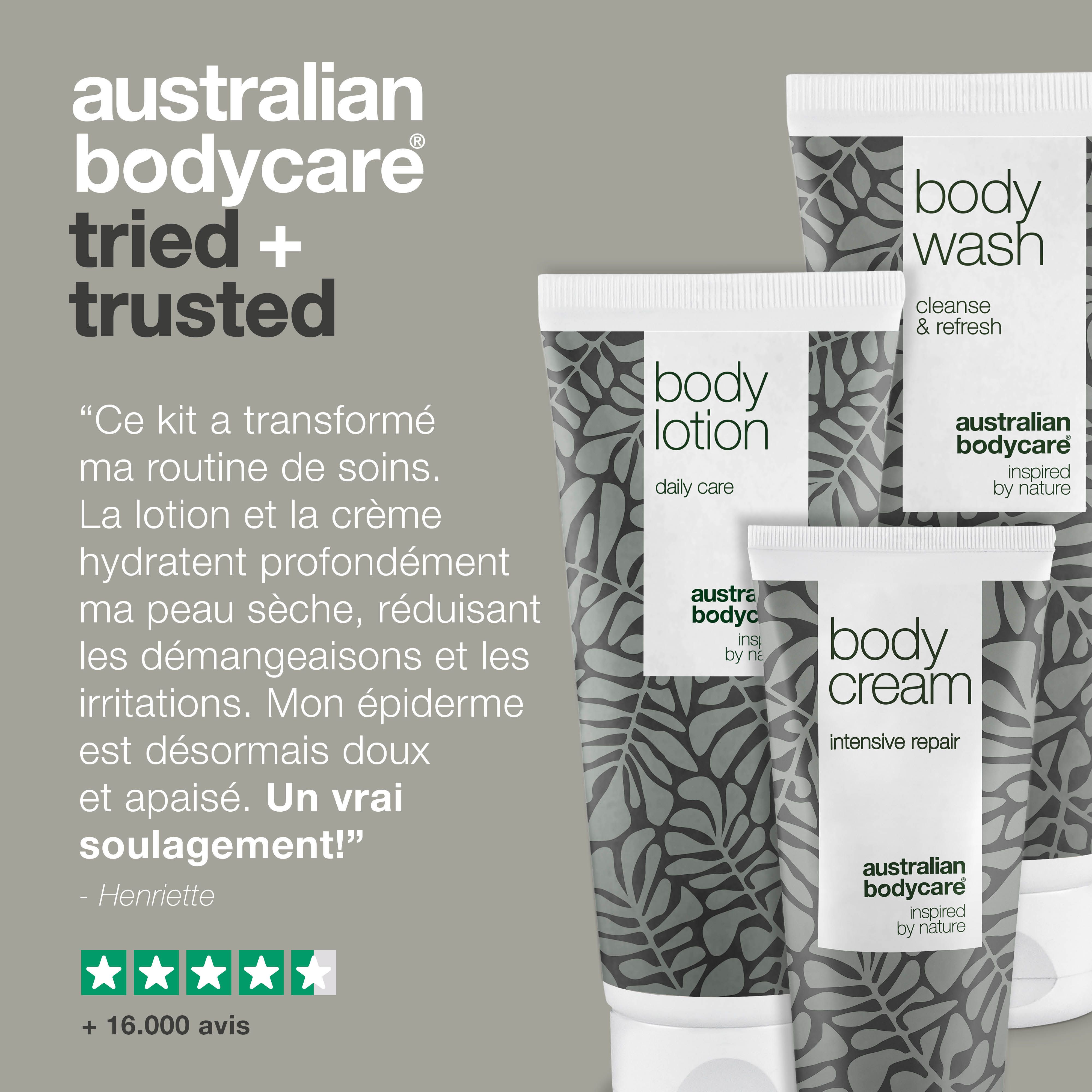 Australian Bodycare. Produits : Body Lotion, Body Wash, Body Cream. Texte : +16 000 avis. 5 étoiles.