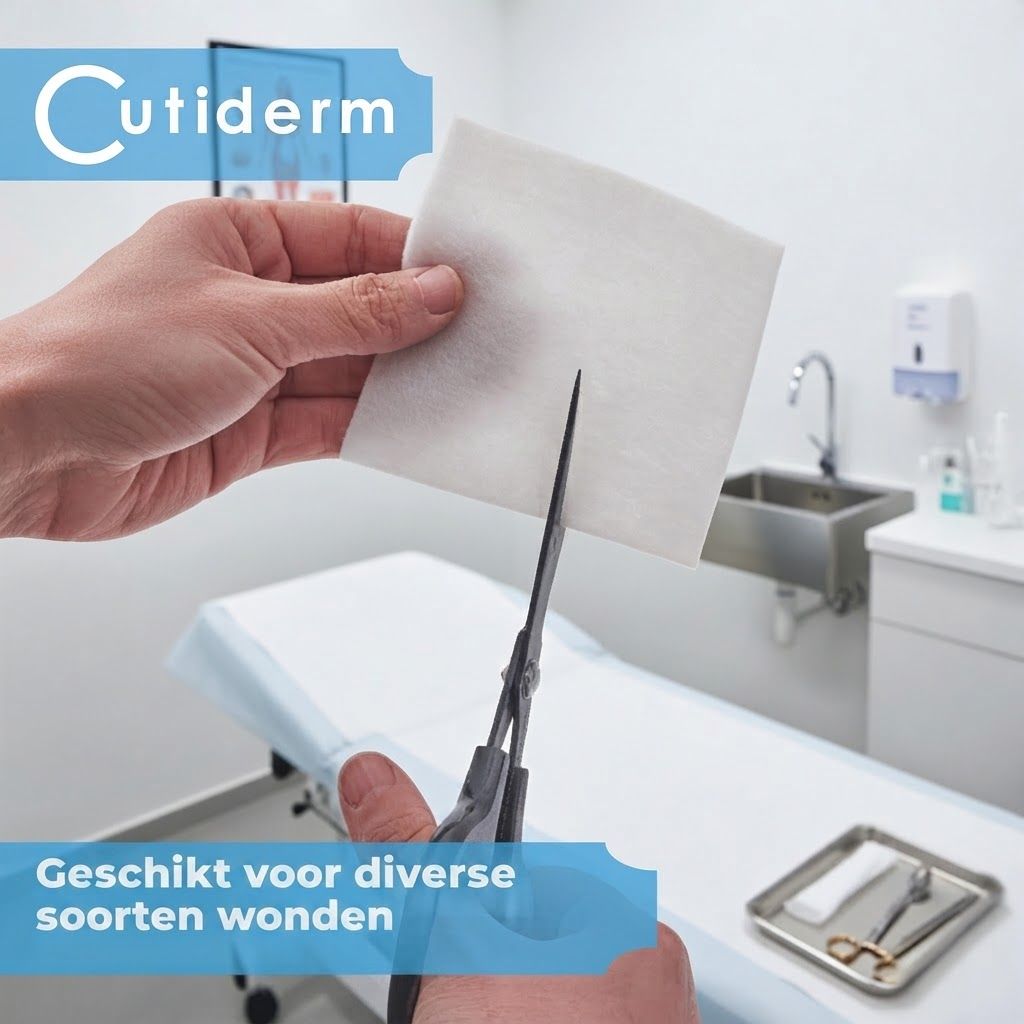 Een hand knipt een wit verband met een schaar. Cutiderm-logo linksboven.