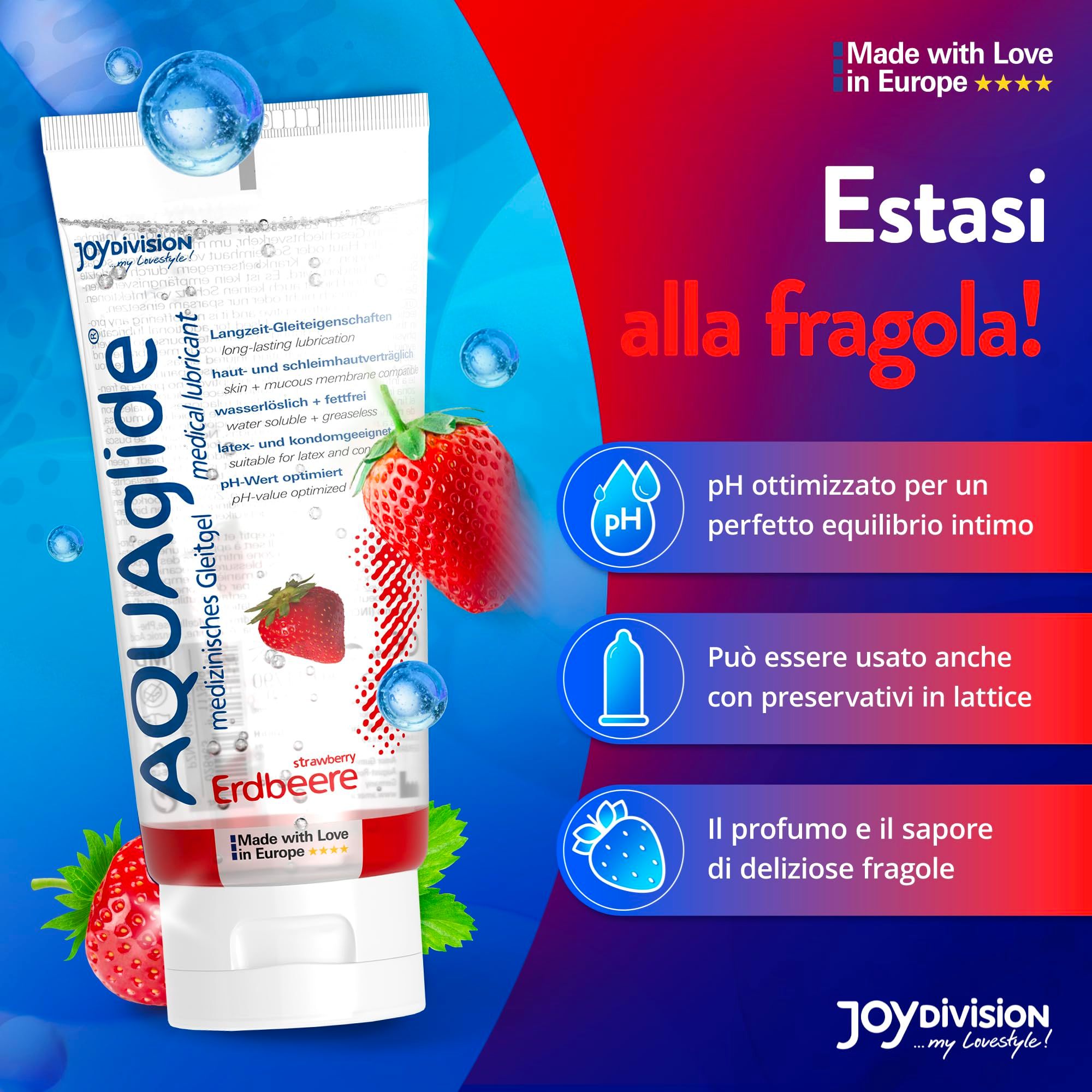 Tube de gel lubrifiant AquaGlade Fraise, avec fraises et bulles d'eau.
