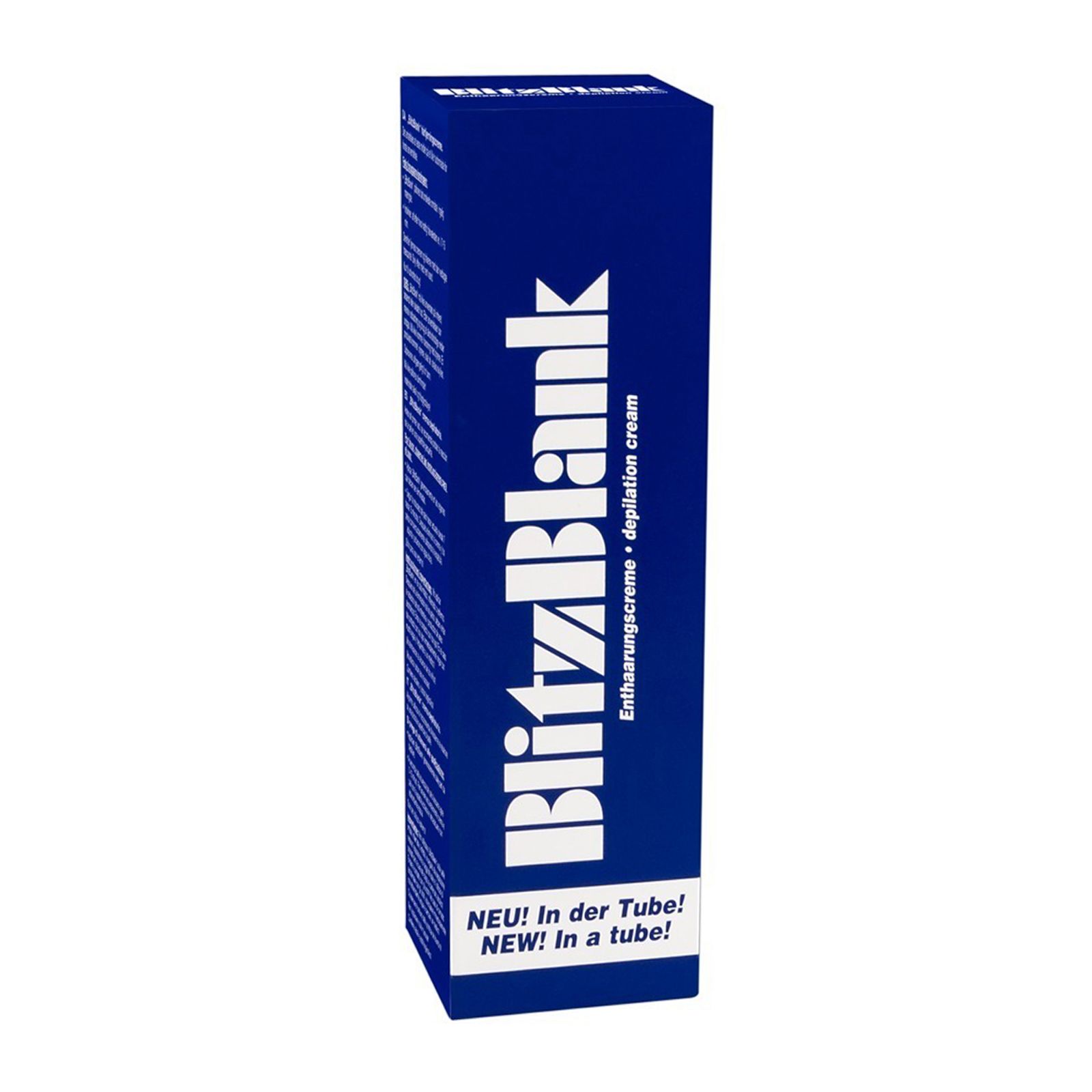 Blauwe vouwdoos met witte opdruk 'BlitzBlank Ontharingscrème'.