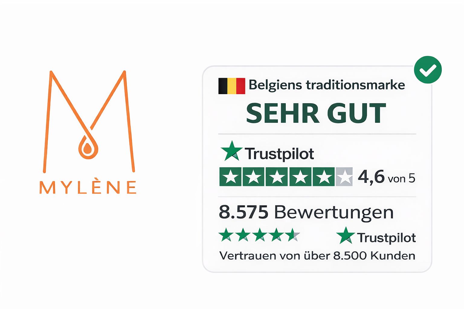 MYLÈNE logo naast beoordelingszegel. Tekst: Belgiens traditionsmarke, SEHR GUT, Trustpilot.