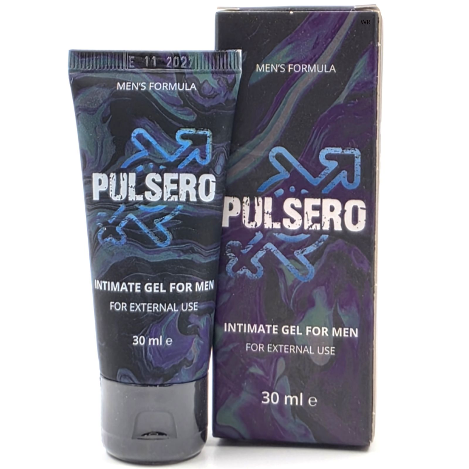 Tube et emballage côte à côte. Les deux affichent le logo "PULSERO" et le texte "INTIMATE GEL FOR MEN". Volume : "30 ml e".