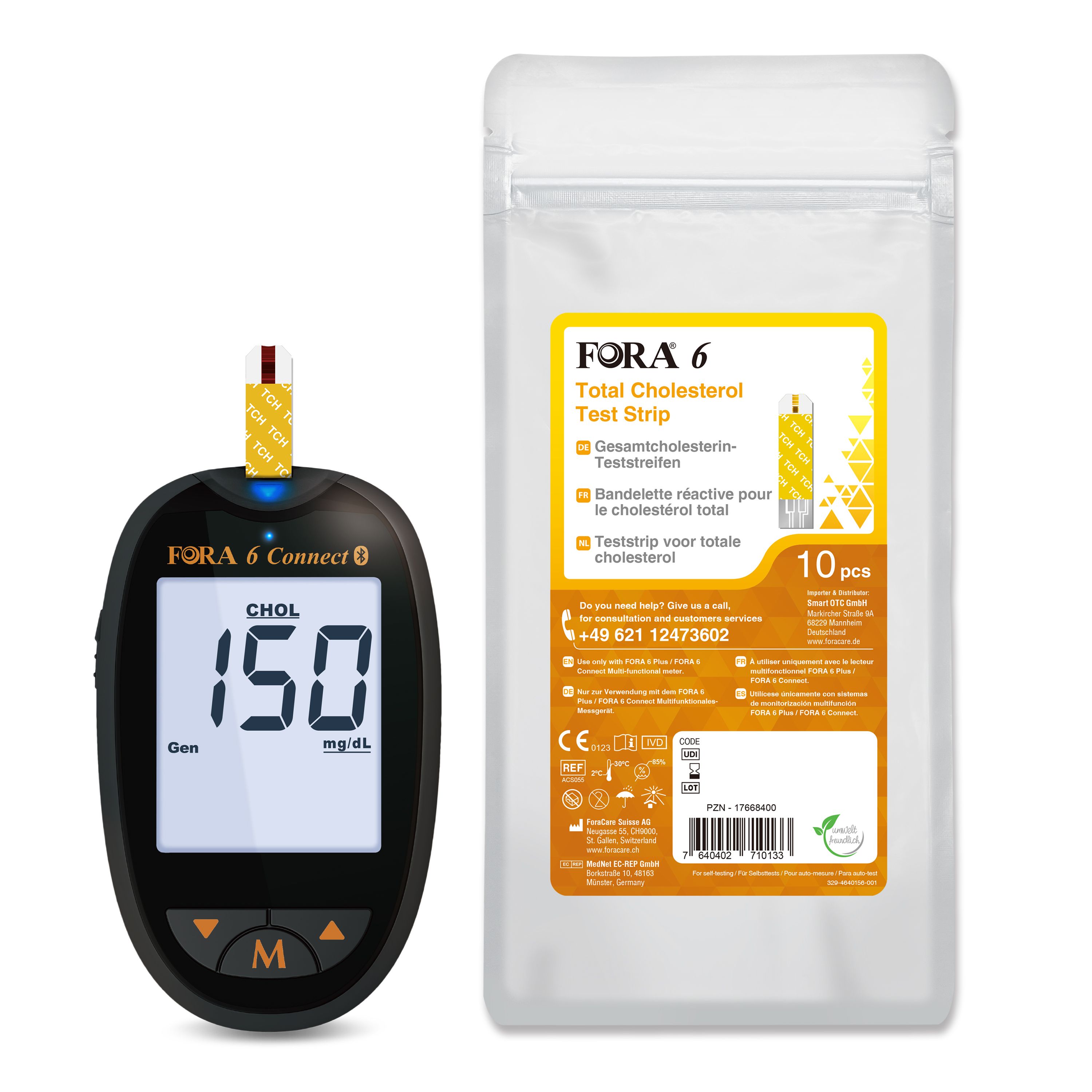 Bloedglucosemeter met teststrips. Display 150 mg/dL. Verpakking teststrips. Opschrift FORA 6.
