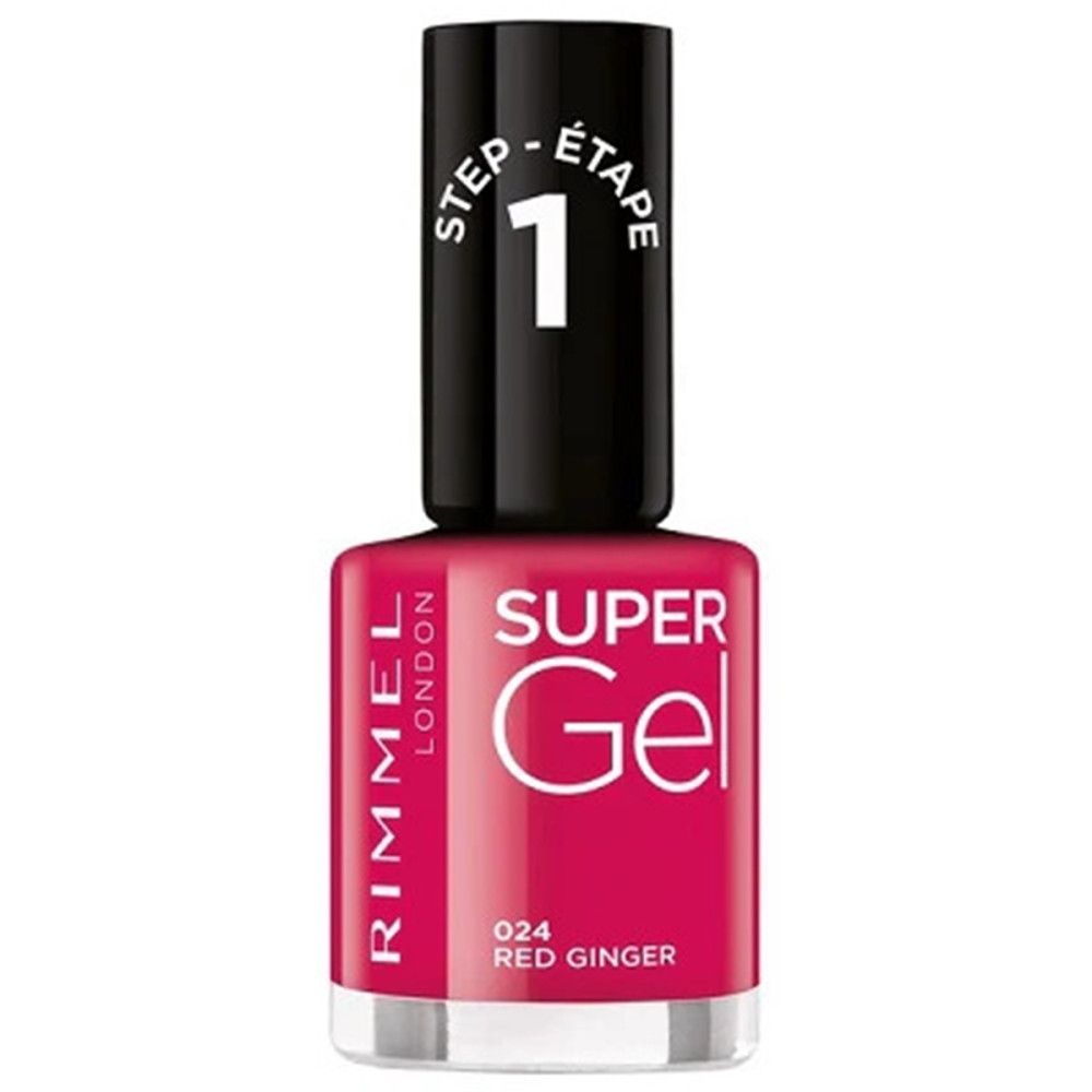 Vernis à ongles Rimmel Super Gel, rouge. Bouchon noir avec texte blanc. Inscription: Super Gel, 024 Red Ginger.