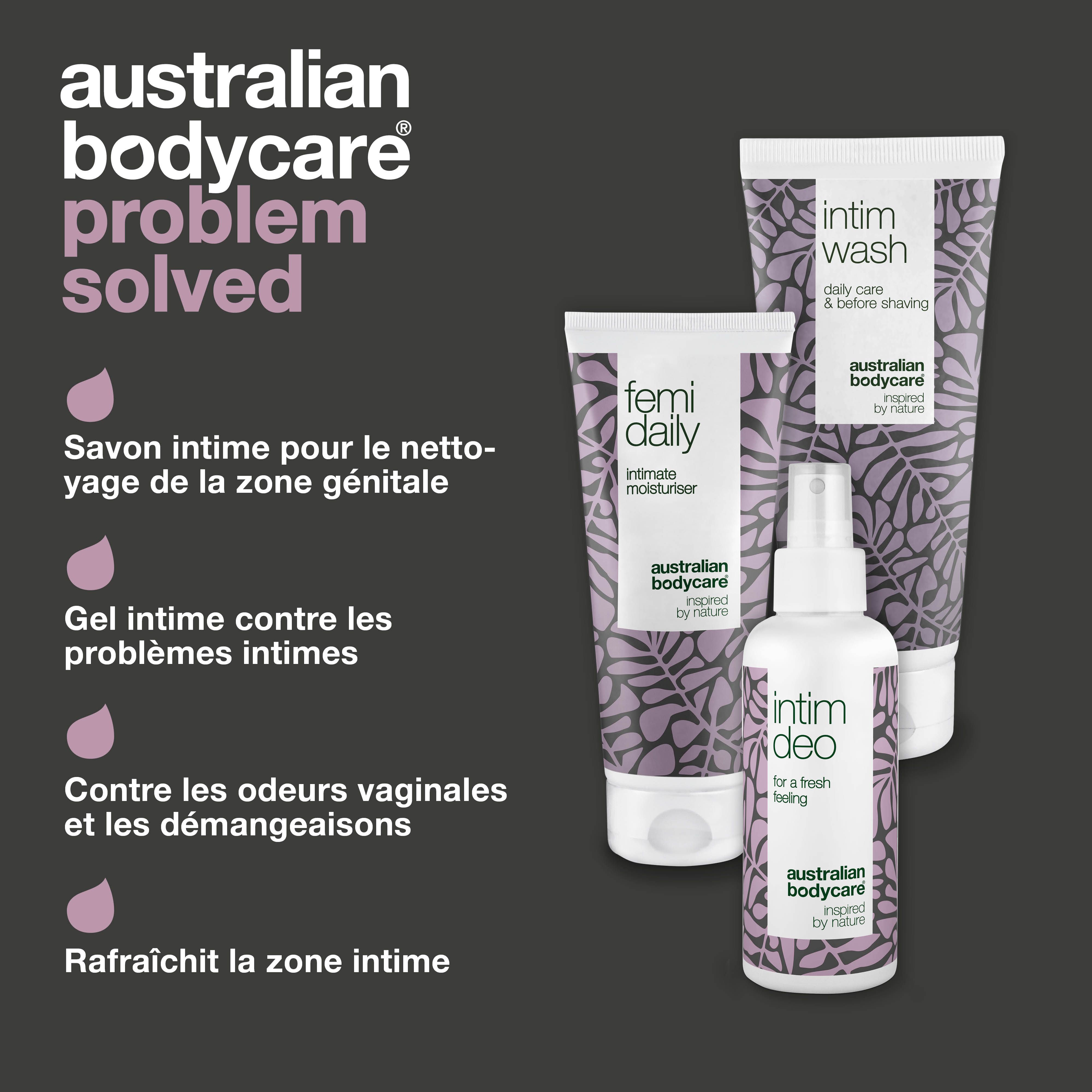 Trois produits : Intim Wash, Femi Daily, Intim Deo. Texte : Problème résolu. Avantages pour la zone intime.