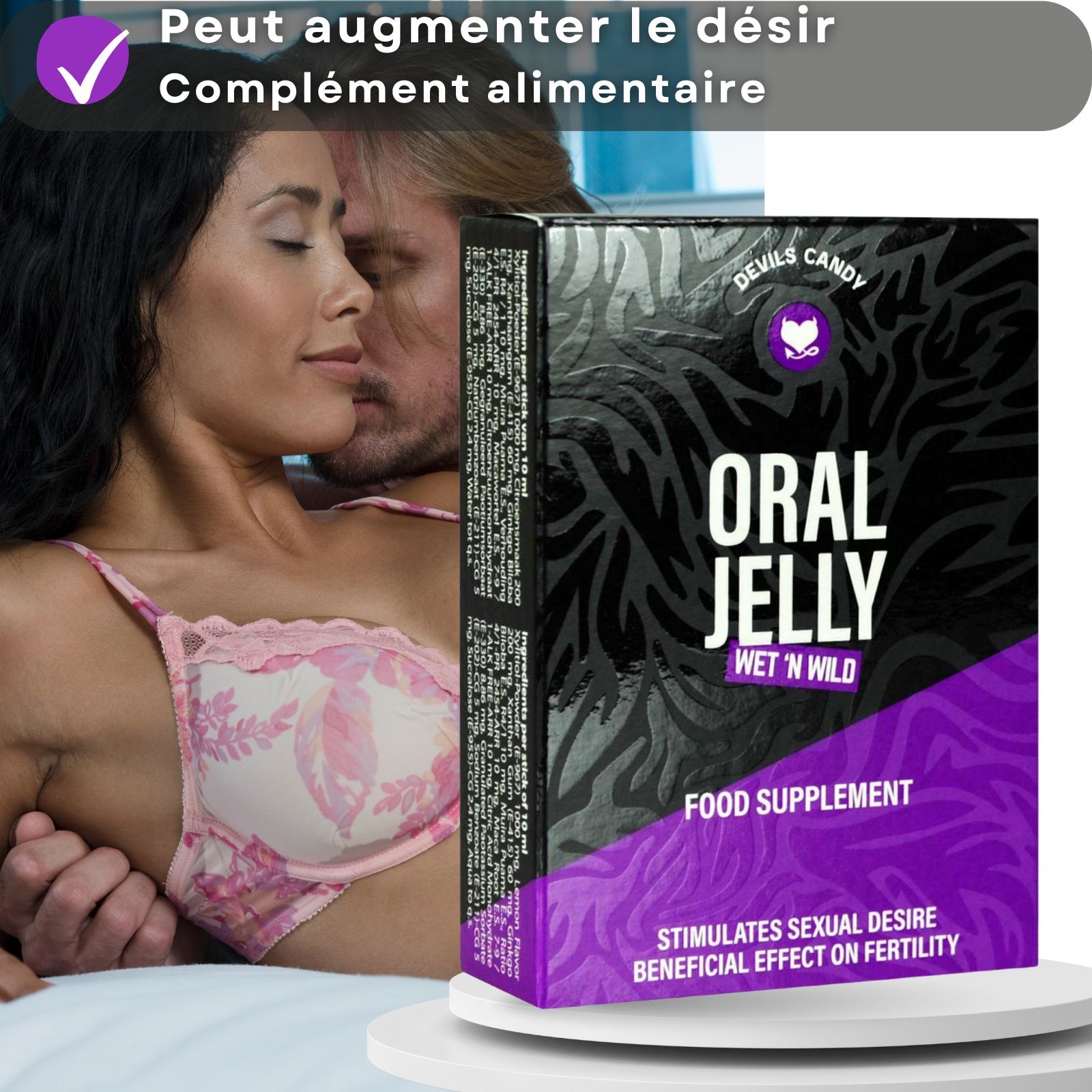 Emballage du produit avec texte. Couple s'embrassant. Texte : Oral Jelly, Food Supplement.