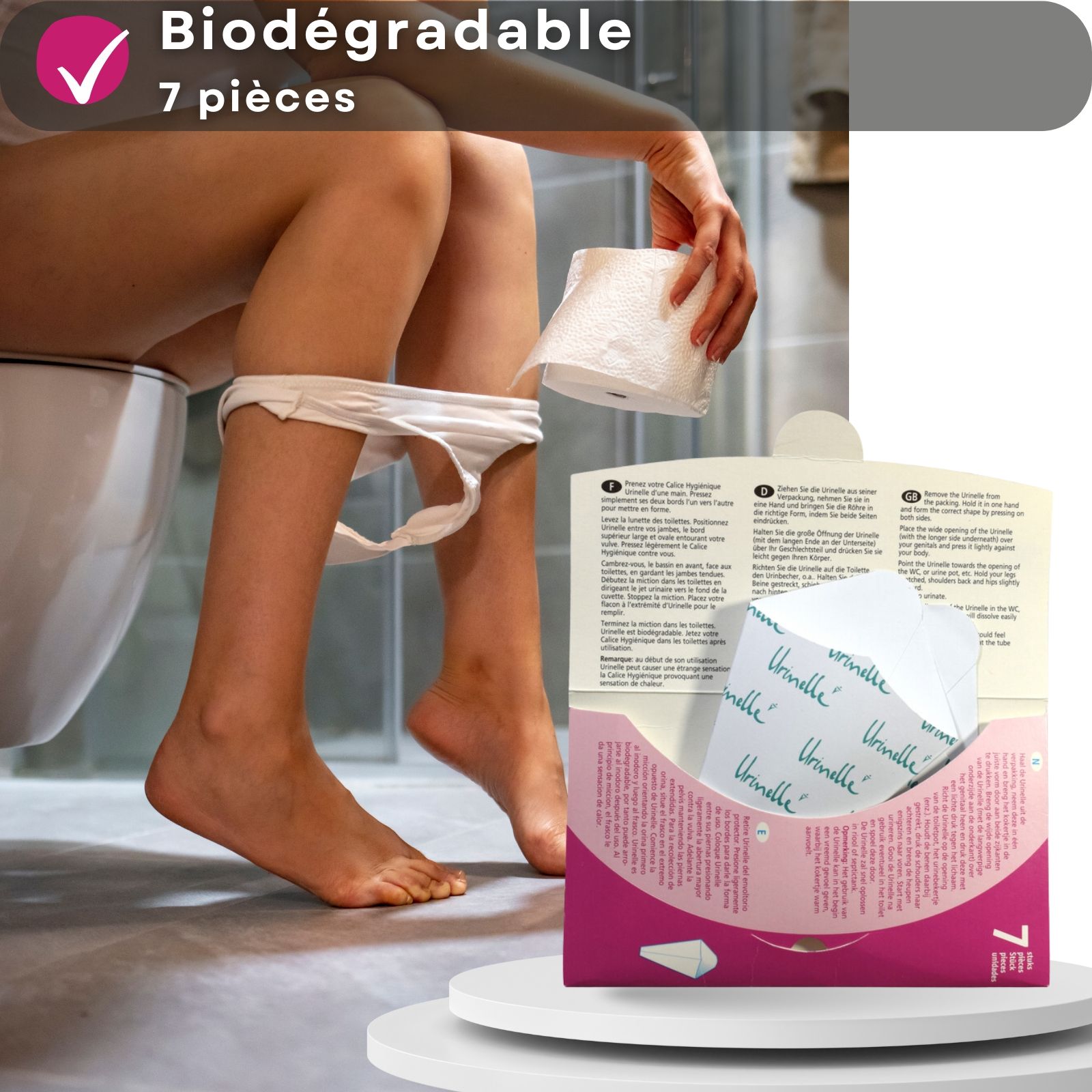 Urinelle pour femmes. 7 pièces. Biodégradable. Emballage avec produit.