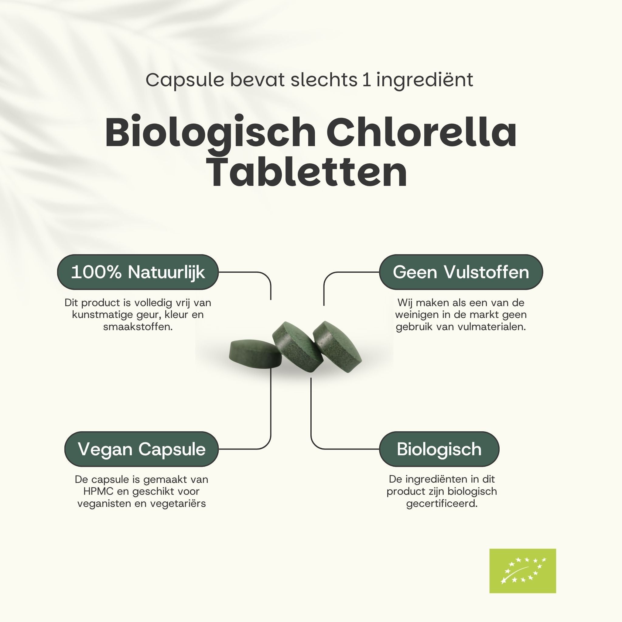 Drie groene tabletten. Tekst: Biologisch Chlorella Tabletten, 100% natuurlijk, geen vulstoffen, vegan capsule, biologisch.