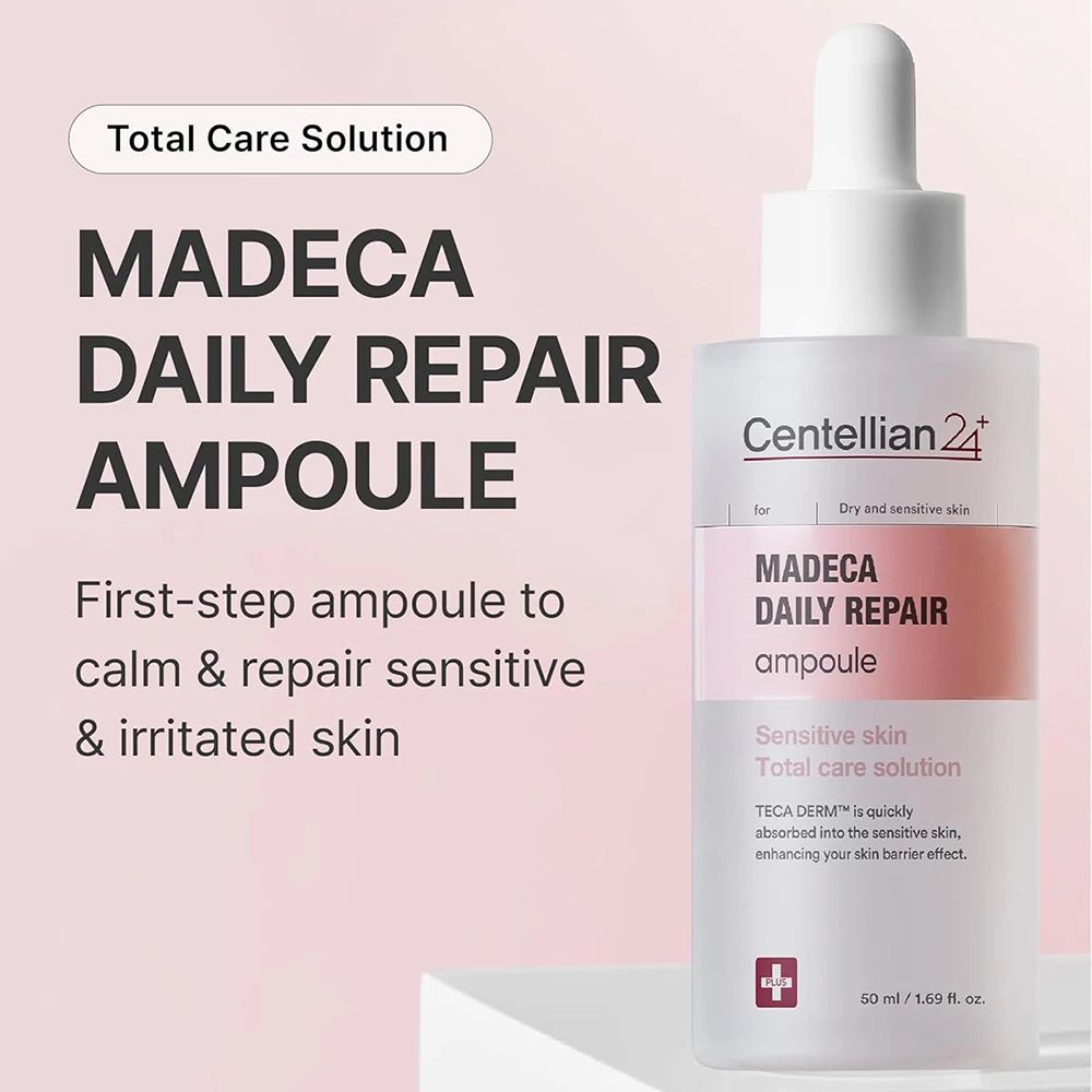 Flesje met witte dop en pipet. Opschrift: MADECA DAILY REPAIR ampoule. Merk: Centellian 24. Tekst: Total Care Solution.