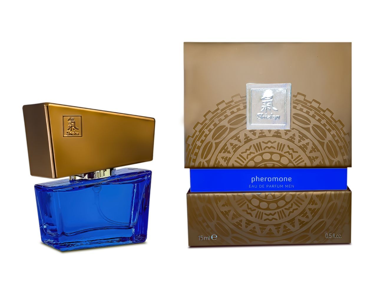 Flacon en verre bleu à côté de sa boîte cadeau marron et bleue.