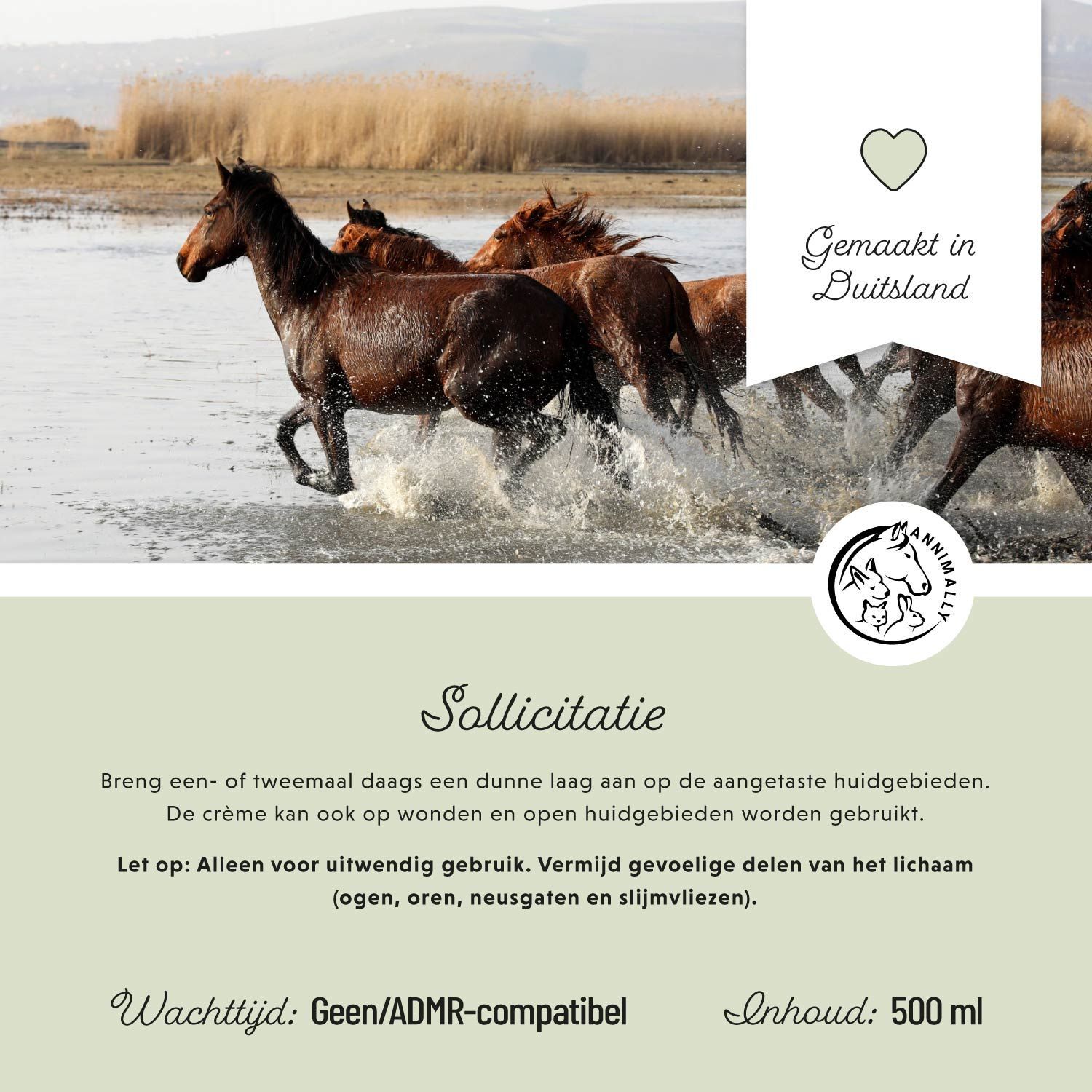Paarden in het water. Tekst op groene achtergrond. Tekst: Gebruiksaanwijzing. Inhoud: 500 ml. Gemaakt in Duitsland.