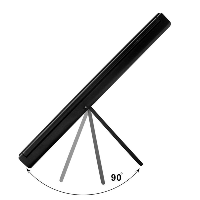 Miroir cosmétique noir pliable avec pied. Le miroir est incliné à 90 degrés.