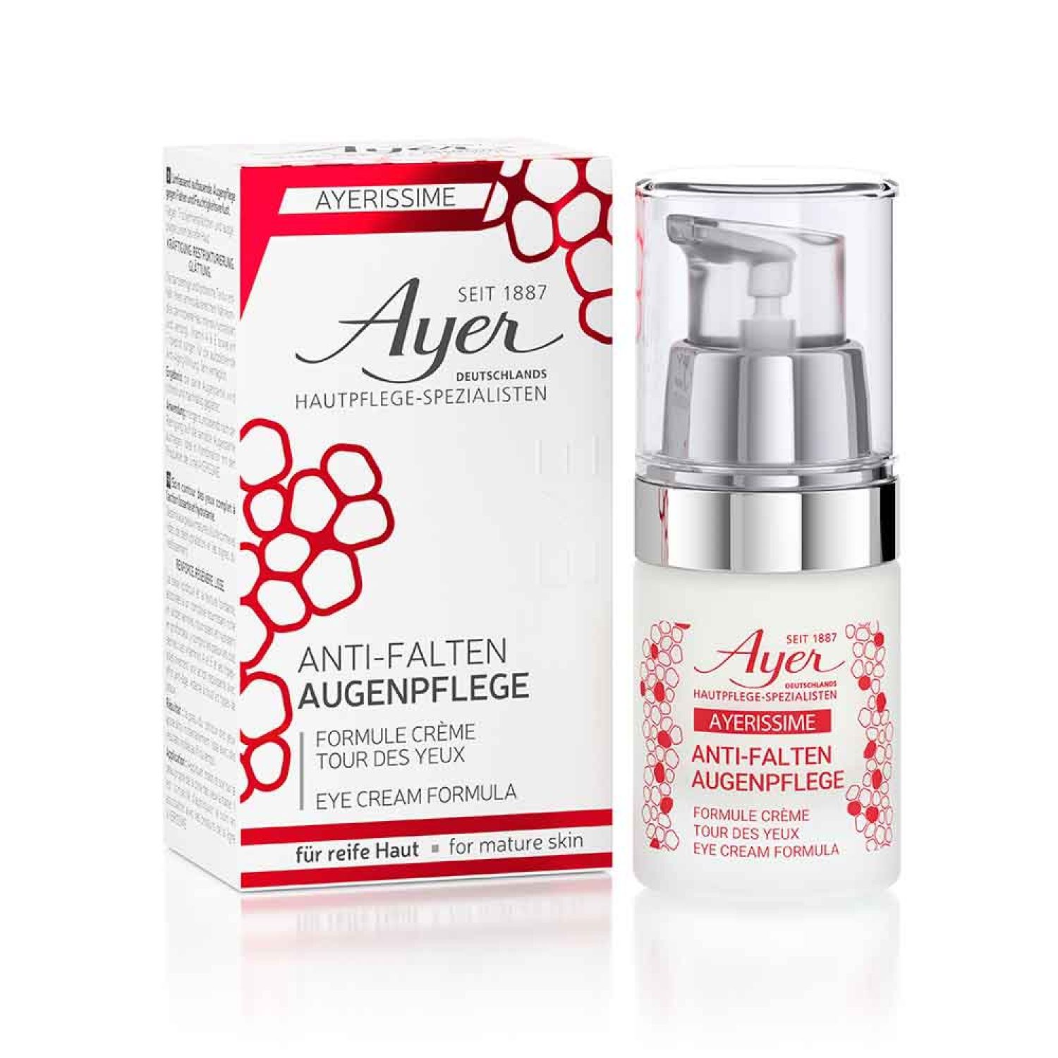 Ayer oogcrème met dispenser en verpakking. Opschrift: Anti-Falten Augenpflege, Eye Cream Formula. Voor de rijpere huid.
