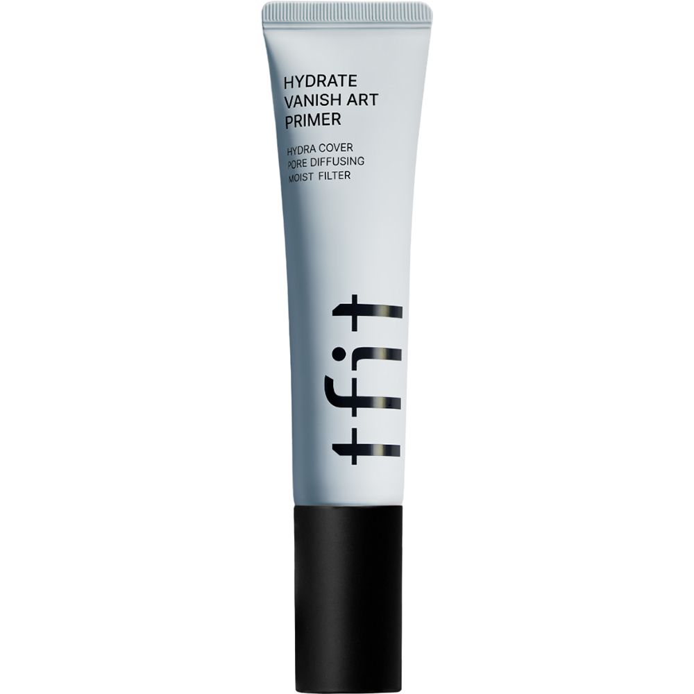 Tube met HYDRATE VANISH ART PRIMER. Zwarte dop, witte tube met blauwe tekst. Merk: tfit.