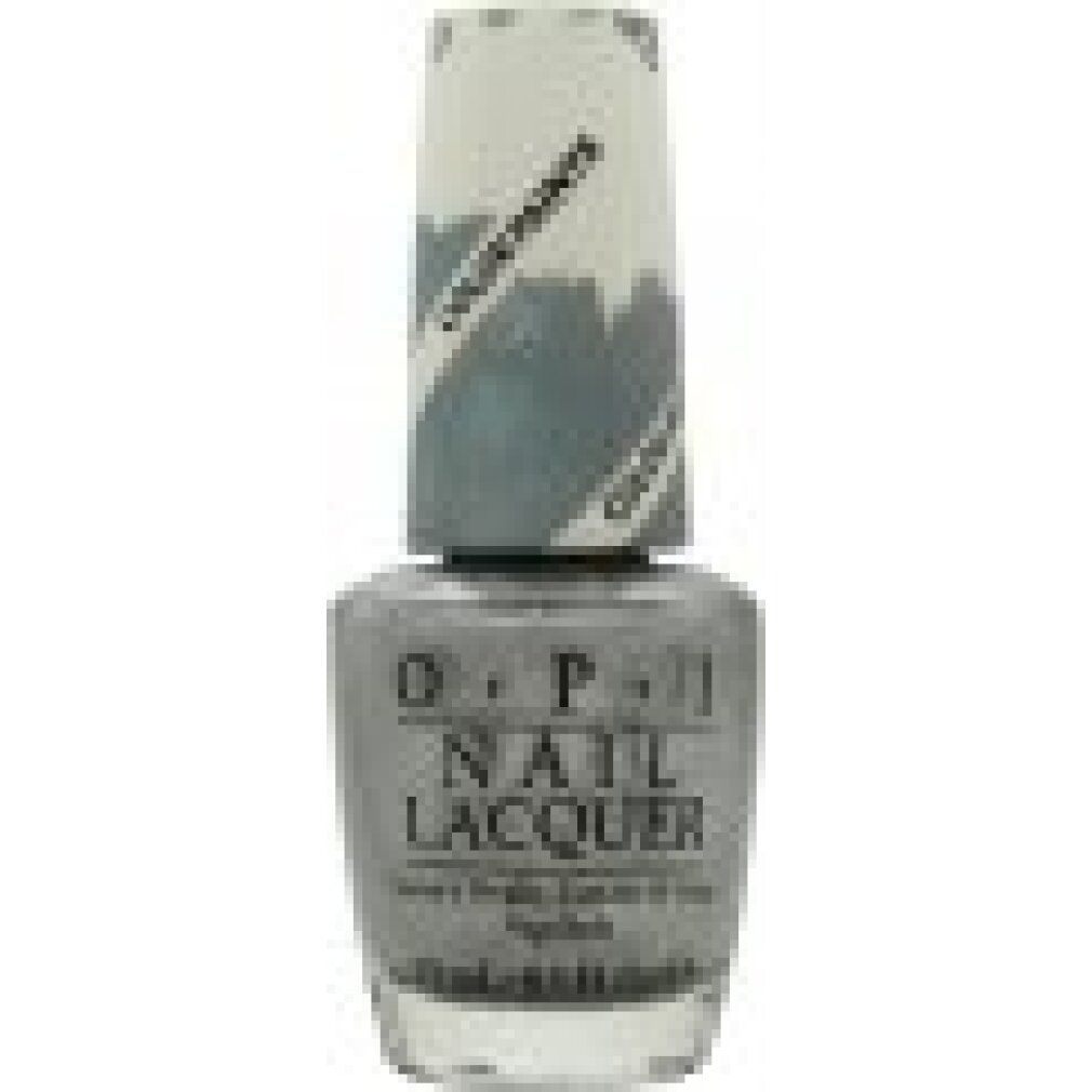 Flacon de vernis à ongles argenté. OPI Nail Lacquer, 15 ml. Bouchon blanc avec bande de couleur et texte Color Paints.