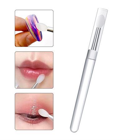 Un applicateur avec capuchon de protection et trois vues détaillées pour les ongles, les lèvres et les yeux.