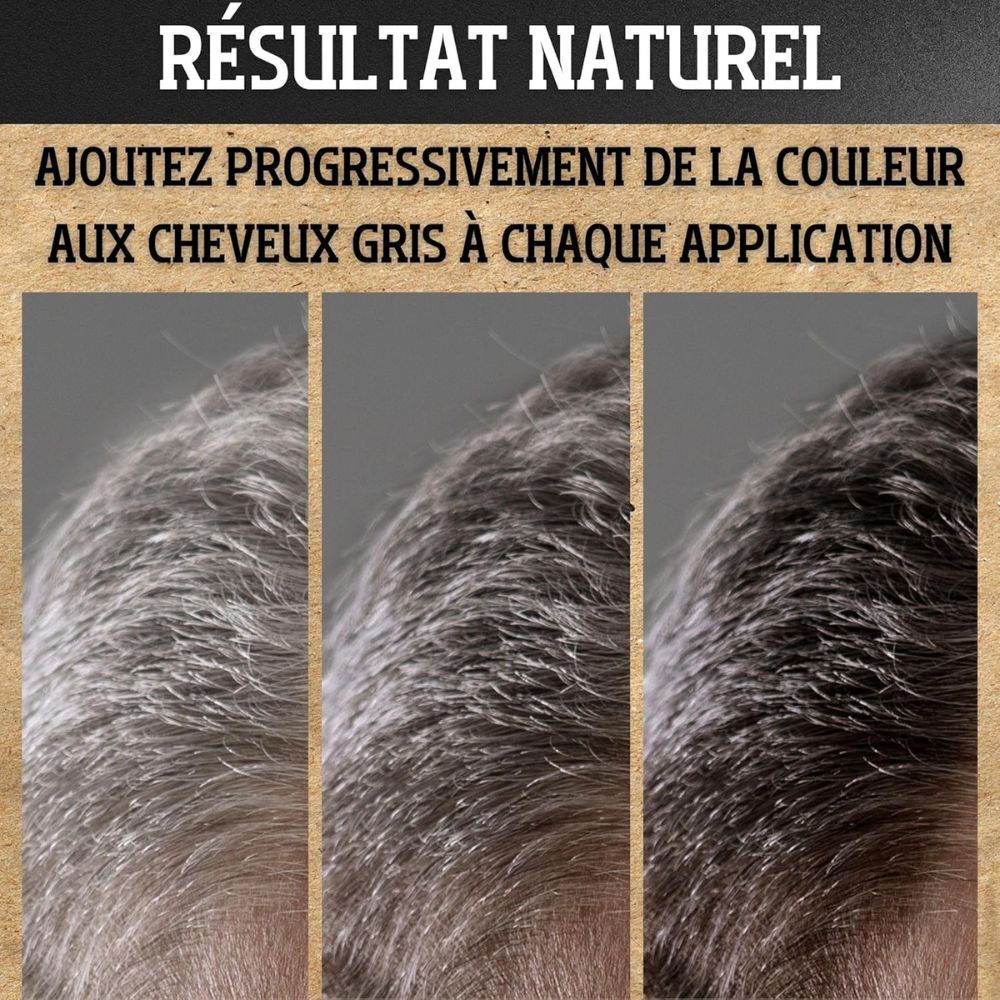 Gros plan sur des cheveux gris qui s'assombrissent progressivement. Texte : Résultat naturel. Ajoute progressivement de la couleur aux cheveux gris.