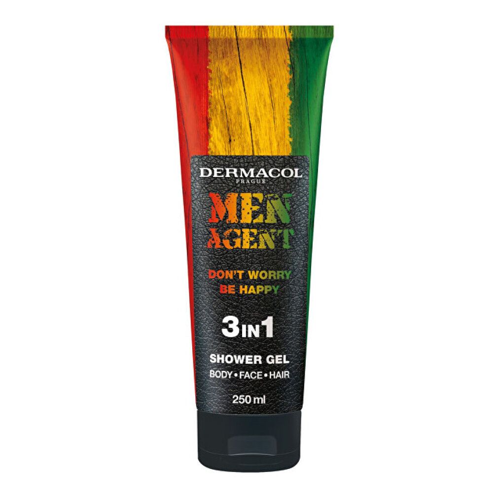 Tube de gel douche avec design rouge-jaune-vert. Bouchon noir. Texte: Dermacol, Men Agent, 3in1, Shower Gel, 250 ml.