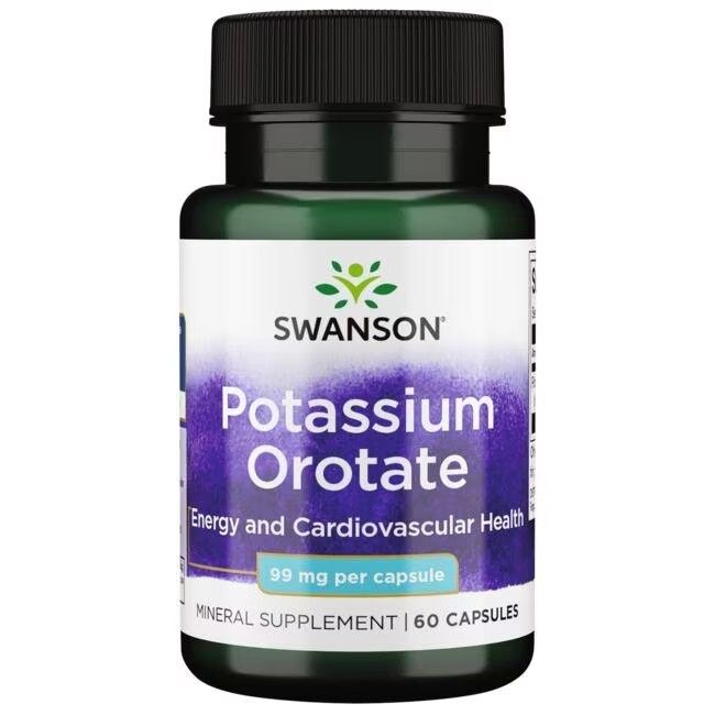 Flacon vert avec étiquette blanche. Inscription: SWANSON, Potassium Orotate, 99 mg par capsule. 60 capsules.