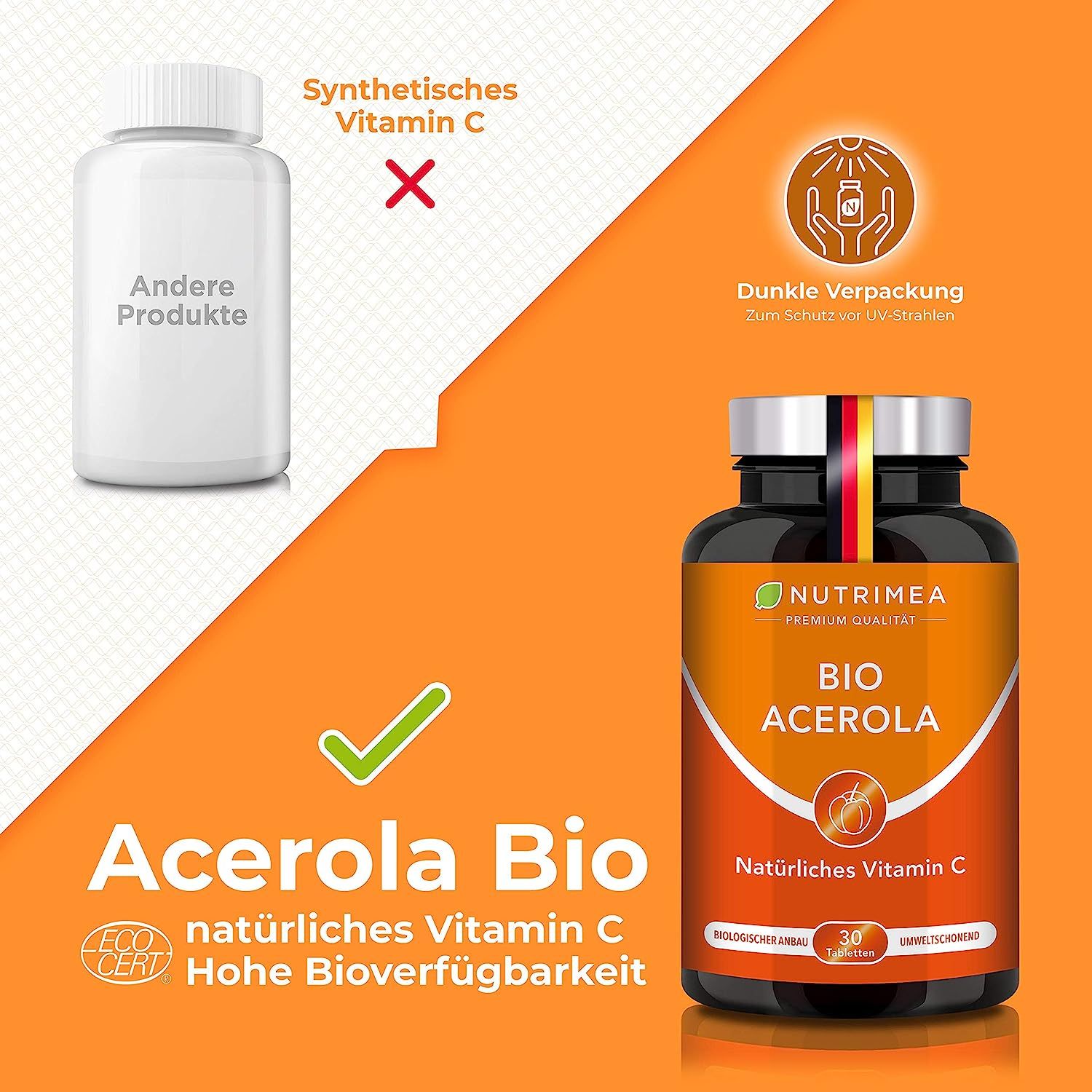 Comparaison: Vitamine C synthétique vs. Acerola Bio. Acerola Bio avec label ECO CERT. Flacon avec étiquette: Acerola Bio, vitamine C naturelle, 30 comprimés.
